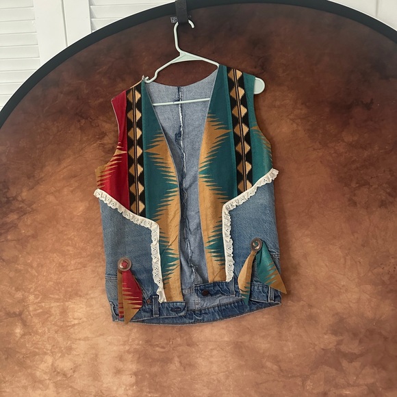 Upcycled Levi’s Multicolor Denim Western Vest with Fringe - Picture 1 of 4